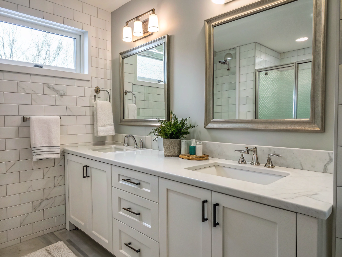 Custom oak double vanity with quartz countertops and undermount sinks