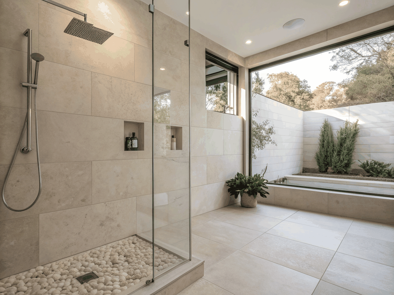 Modern walk-in curbless shower with artisanal tilework and warm copper fixtures
