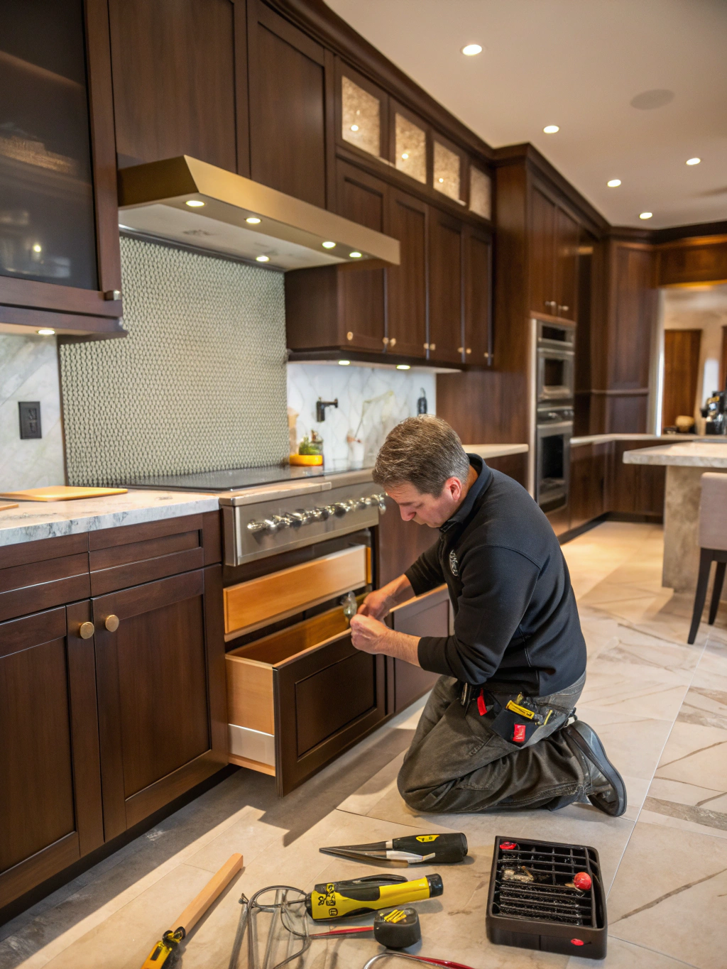 Decatur Heritage Renovations team craftsman inspecting fine architectural woodworking in a residential home
