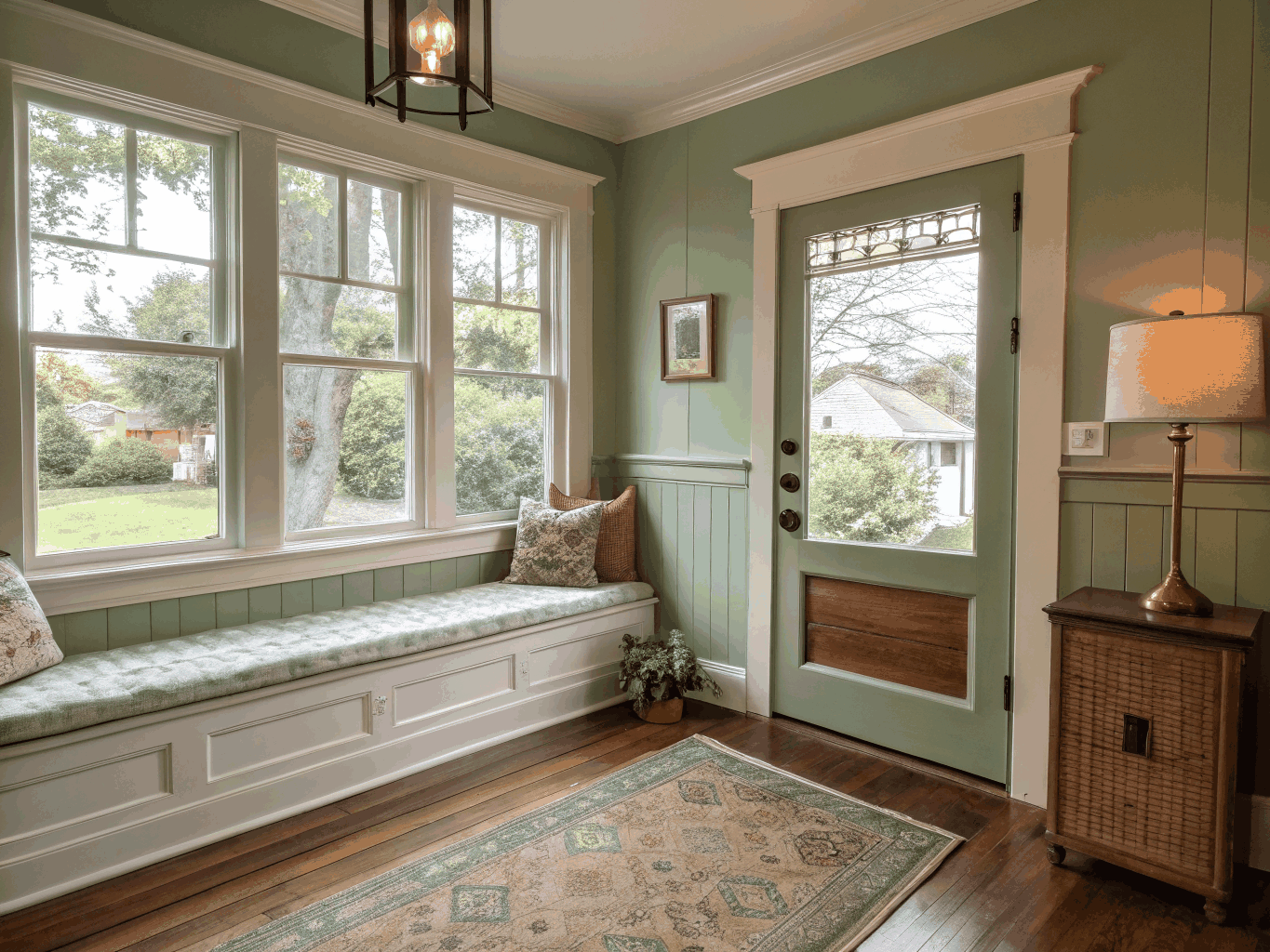 Restored historic bungalow living room with preserved wood floors in Downtown Decatur