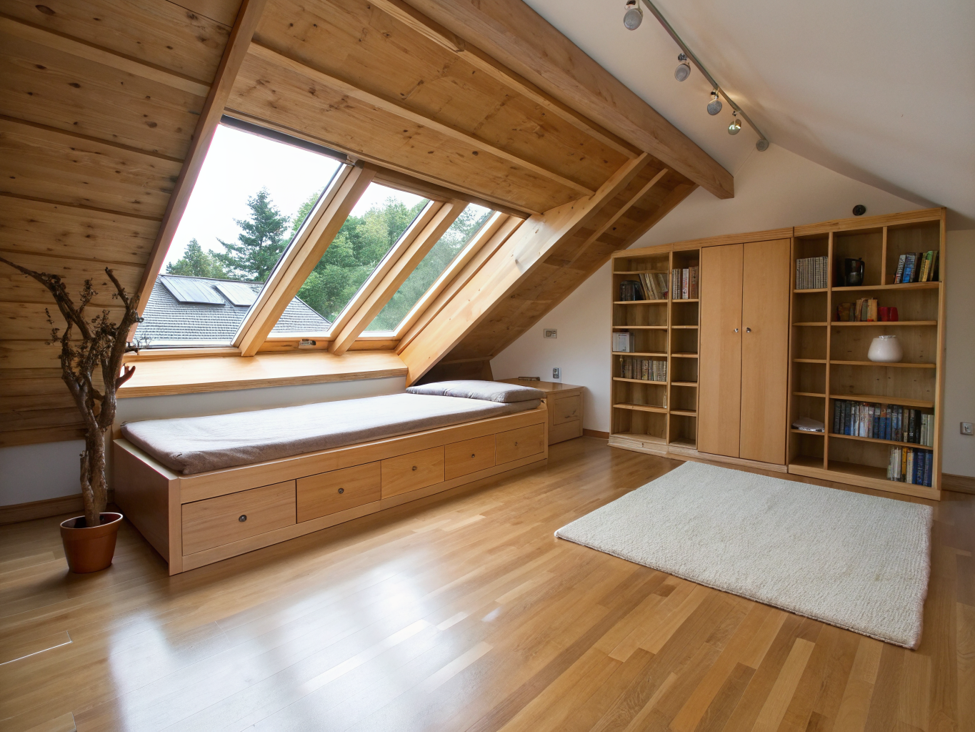 Craftsman attic conversion bedroom with architectural dormer windows and built-in shelving