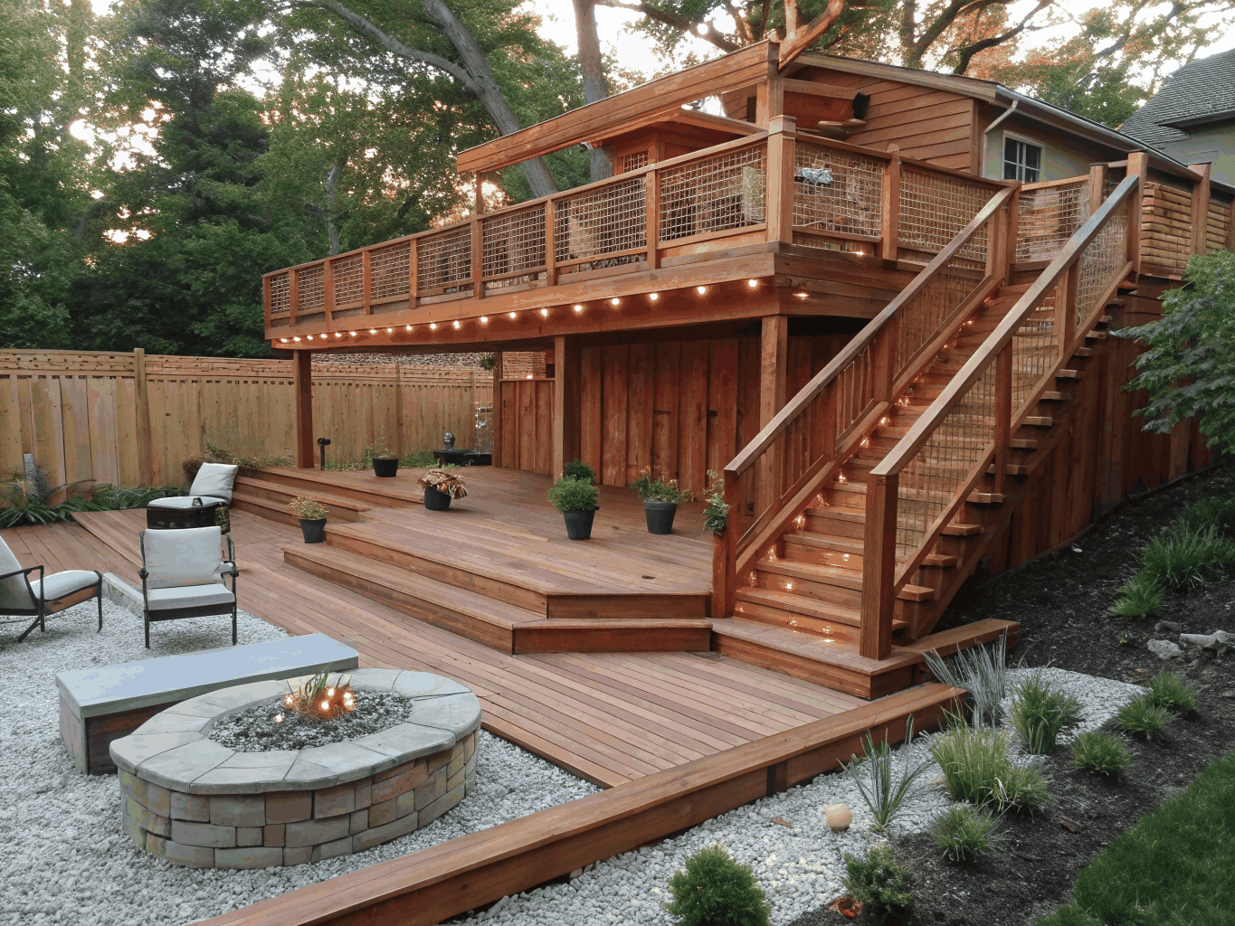 Covered cedar deck with outdoor stone fireplace and wooden pergola in Lenox Place
