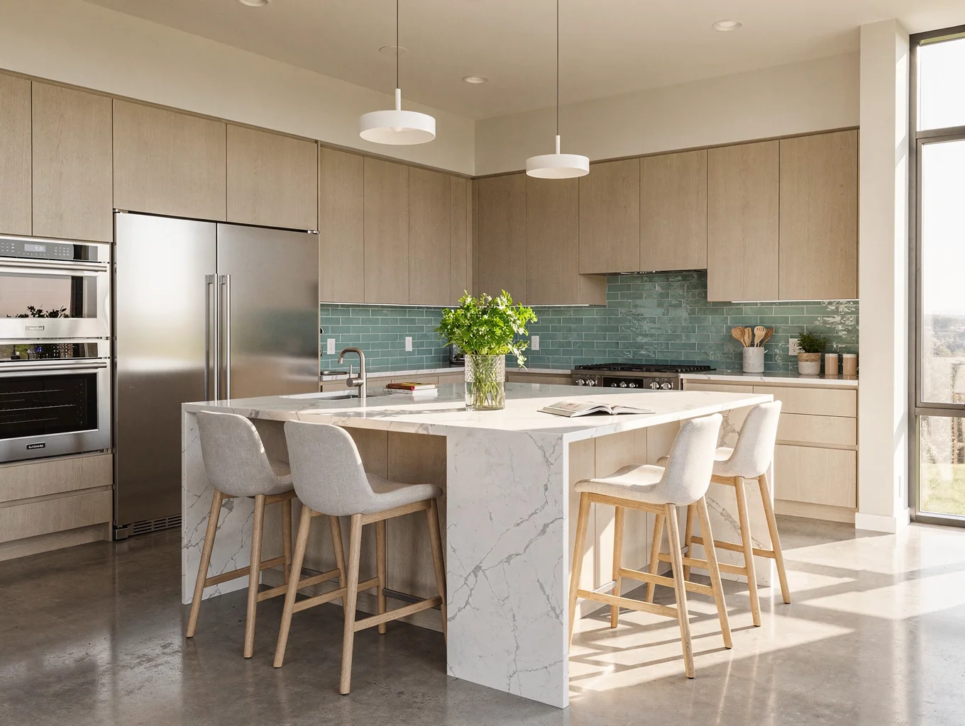 Bright open kitchen with natural wood island and quartz countertops in Oakhurst Decatur