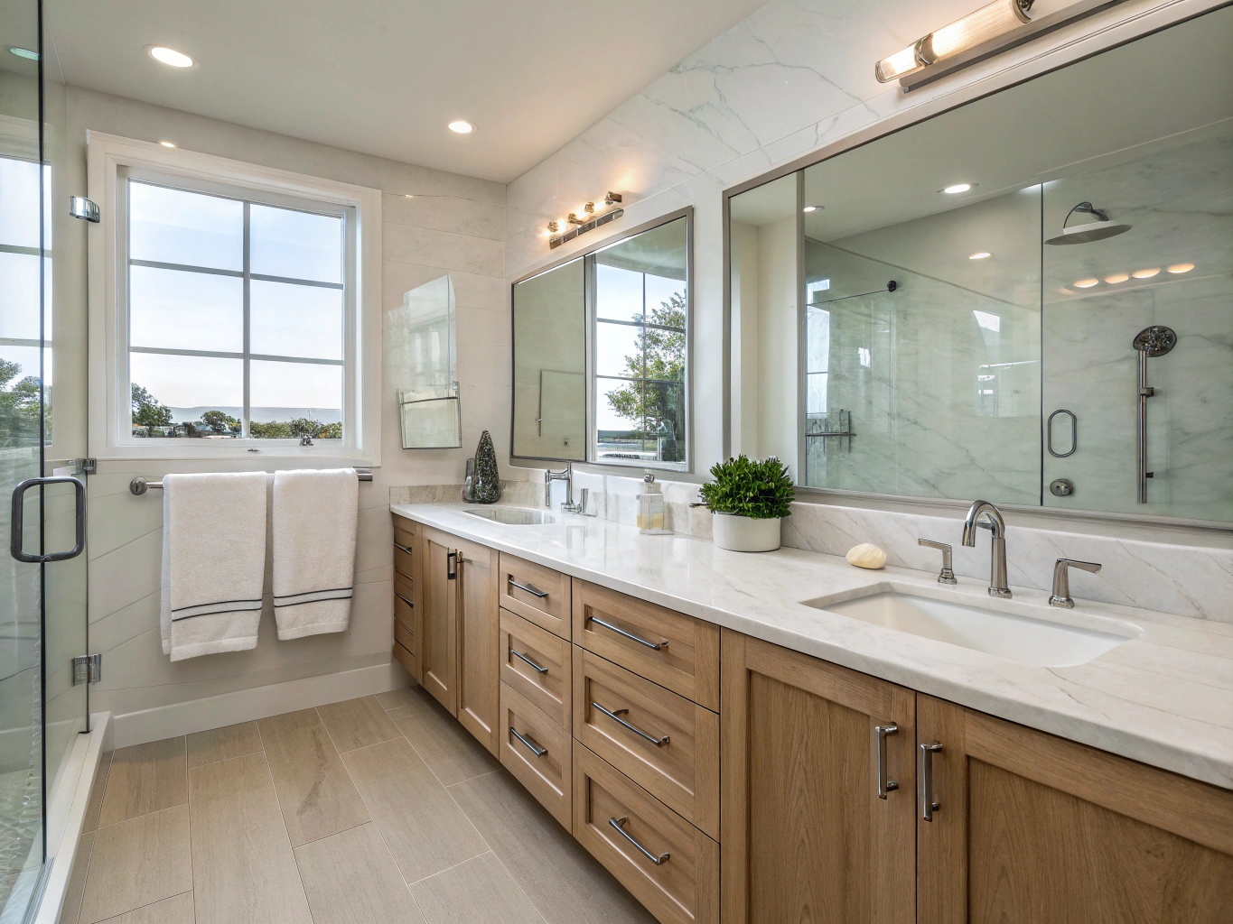 Warm oak double bathroom vanity with zellige tiles in Oakhurst renovation