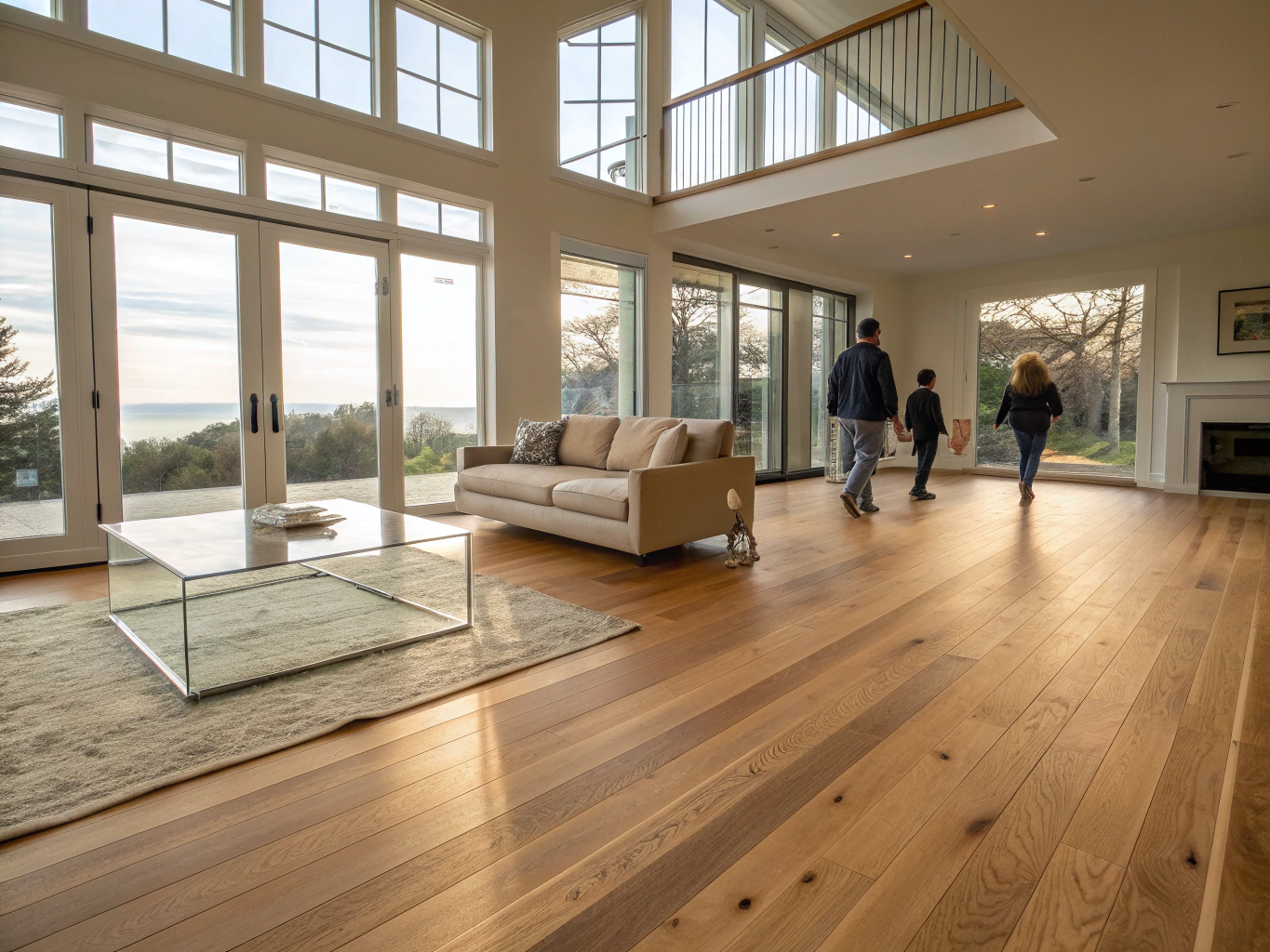 Renovated open-concept living and dining space with natural oak hardwood floors