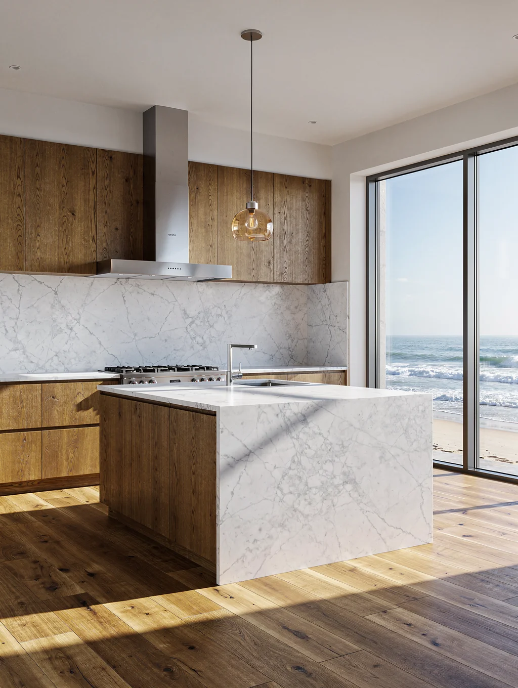 Custom white oak cabinetry and honed marble waterfall island in Decatur bungalow